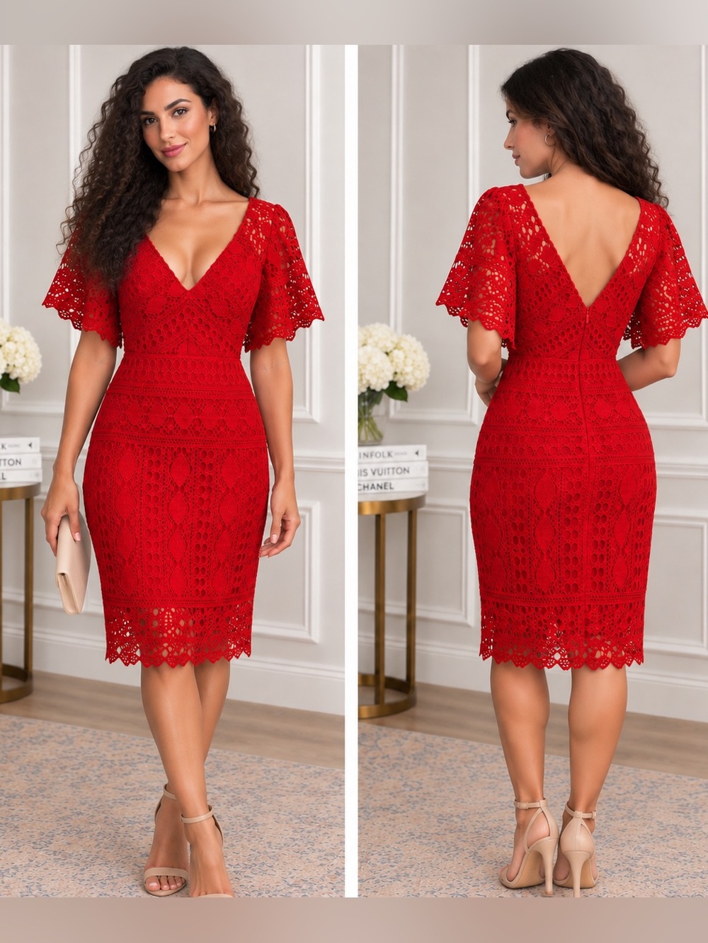 Lulu's Red Lace V-Neck Fit-and-Flare Cocktail Dress